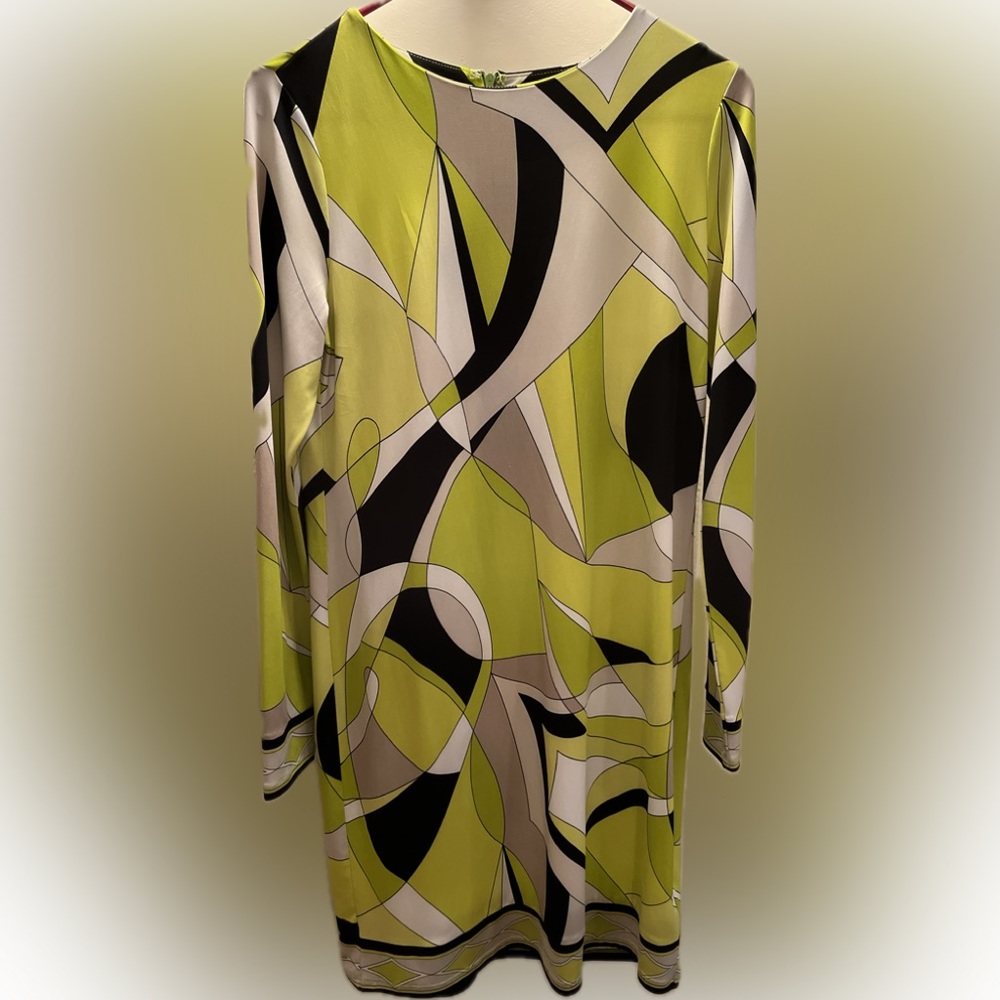 Michael Kors dress in celadon green, black, tan & white pattern.